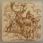A wooden coaster with an image of two horses.